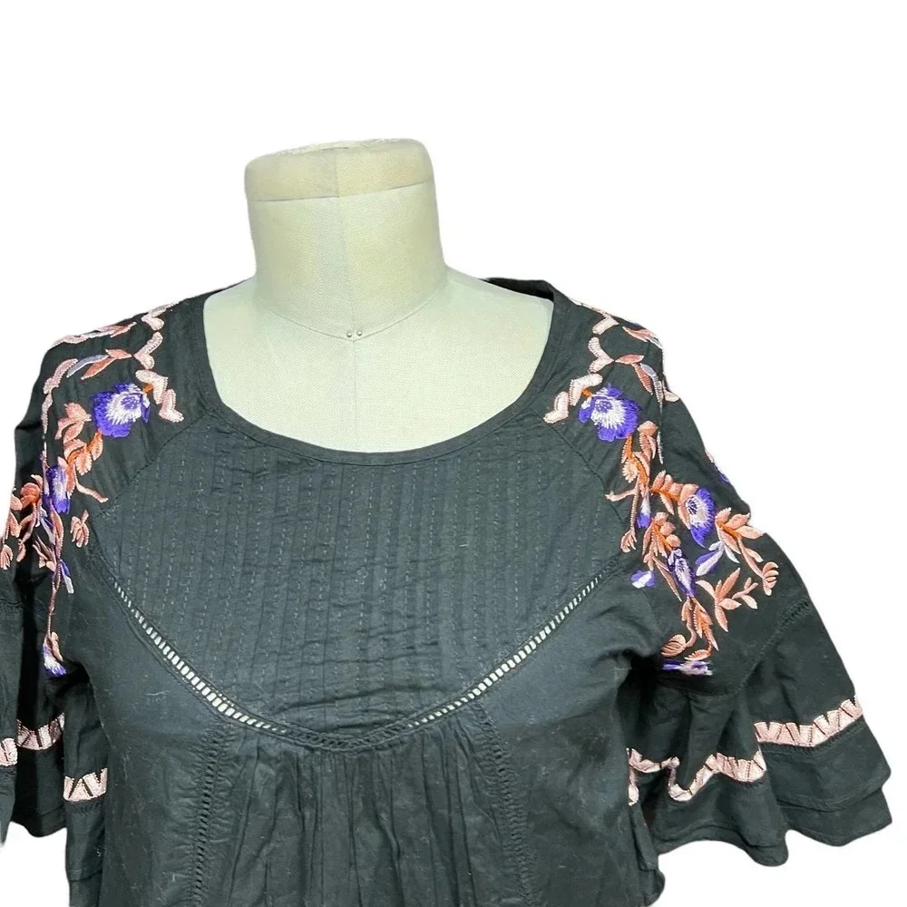 Free People Pavlo Embroidered Smock‎ Dress Black Purple Floral Size XS